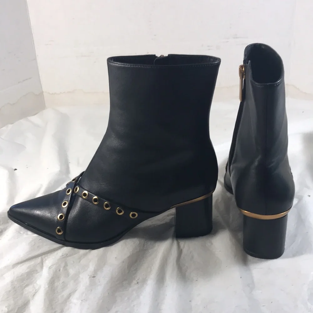 Cecelia New York Women’s Black Leather Dundy Buckle Pointy Toe Ankle Boots